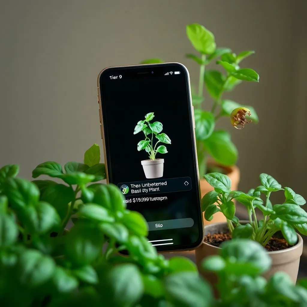 glowing smartphone screen showing absurd personality result 'Tier 9: The Unbothered Basil Plant (Paid $19.99, Tuesday 3:15 PM, Waxing Gibbous)', surrounded by wilting actual houseplants looking jealous