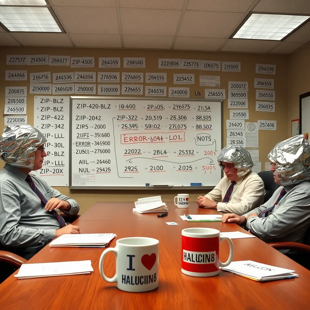 chaotic postal service meeting room with whiteboard covered in absurd zip codes like 'ZIP-420-BLZ' and 'ERROR-404-LOL', stressed officials wearing tinfoil hats, coffee mugs reading 'I ❤️ HALUCIN8' on table