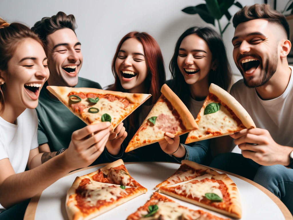 a group of friends enjoying pizza together, each holding a triangular slice, with smiles and laughter