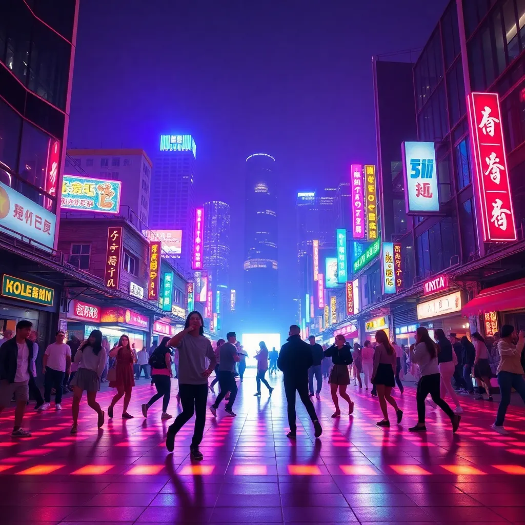 a cityscape turned into a neon-lit K-pop music video set, with people dancing in sync