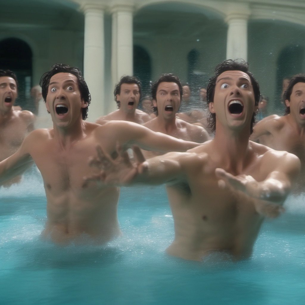 Male protagonists attempting synchronized swimming in Lady Ballers