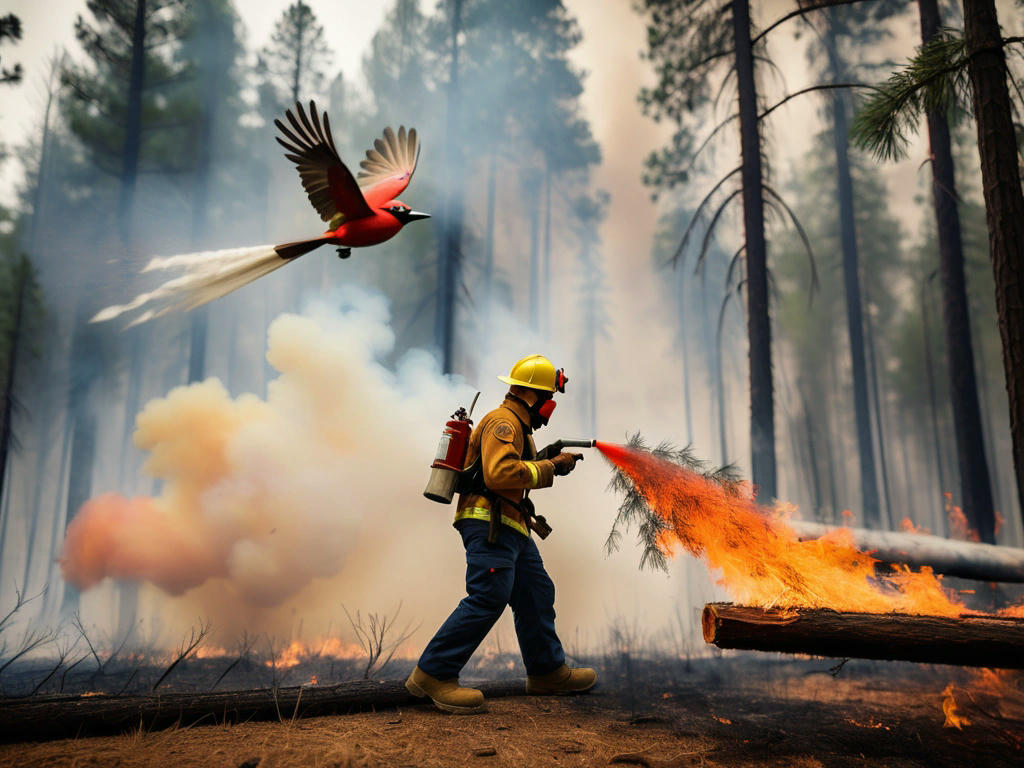 a firefighter in a forest extinguishing a wildfire with a bird flying away in the background