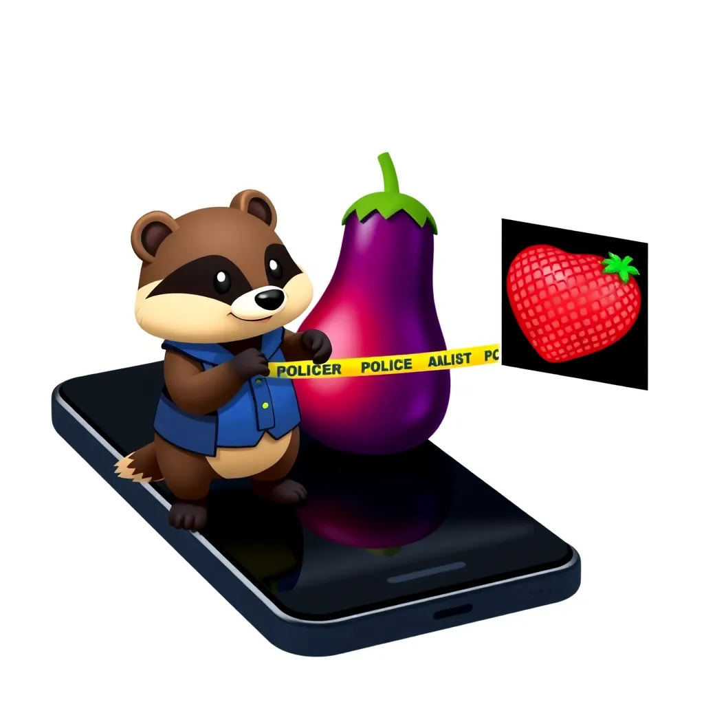 cartoon badger in miniature security uniform using tiny police tape to cordon off a glowing peach emoji from an eggplant emoji on a smartphone screen, pixelated strawberry emoji looking sad in corner
