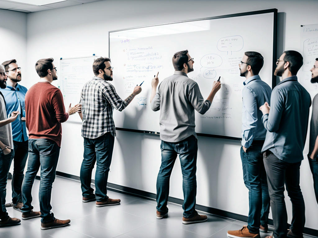 a group of IT professionals gathered around a whiteboard, discussing the merits of IPv6 and IPv4