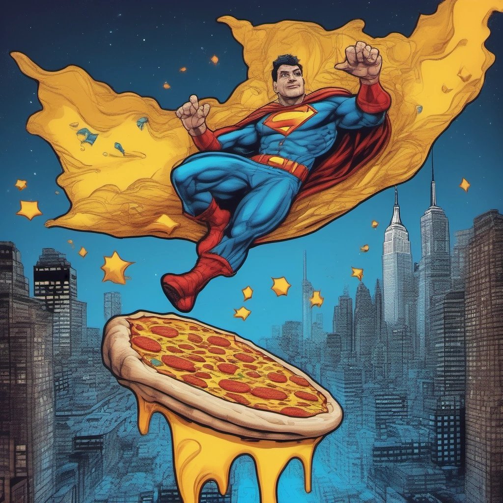 Pizza Man flying over New York