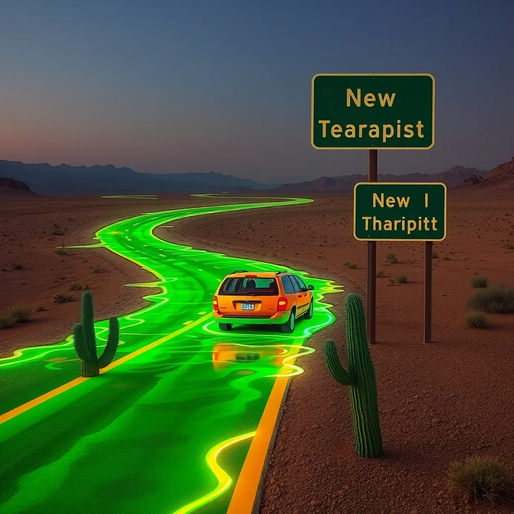 a highway in the desert melting into a glowing, sentient plastic sludge that’s swallowing a minivan, with a confused cactus watching as a road sign reads 'Welcome to Your New Therapist'