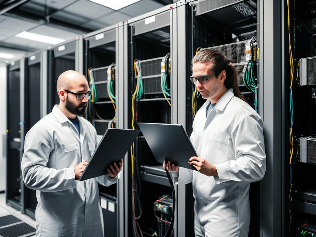 technicians in a data center replacing a cooling system with a newer model, focusing on the technicians' concentrated faces