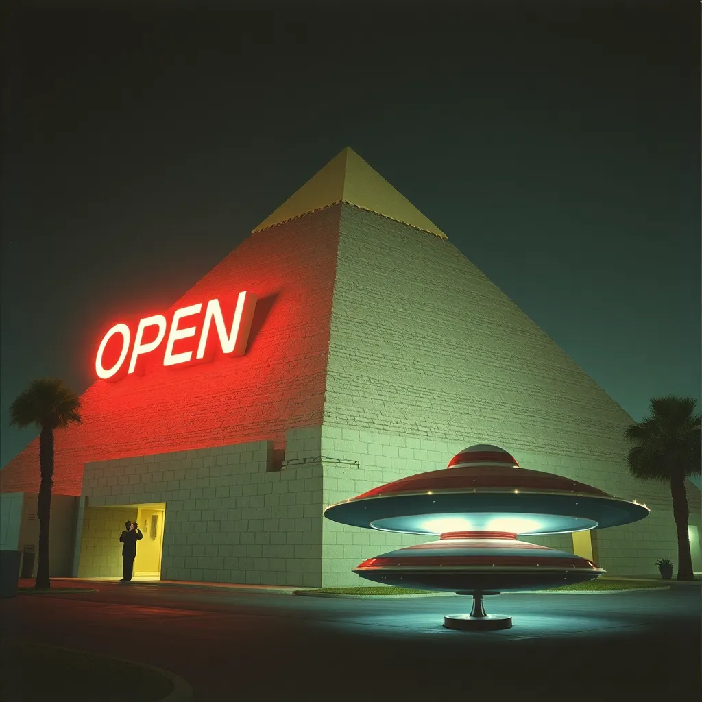 The Great Pyramid of Giza with a giant neon 'OPEN' sign on the side, a flying saucer parked in the driveway, 1950s retro-futurism style