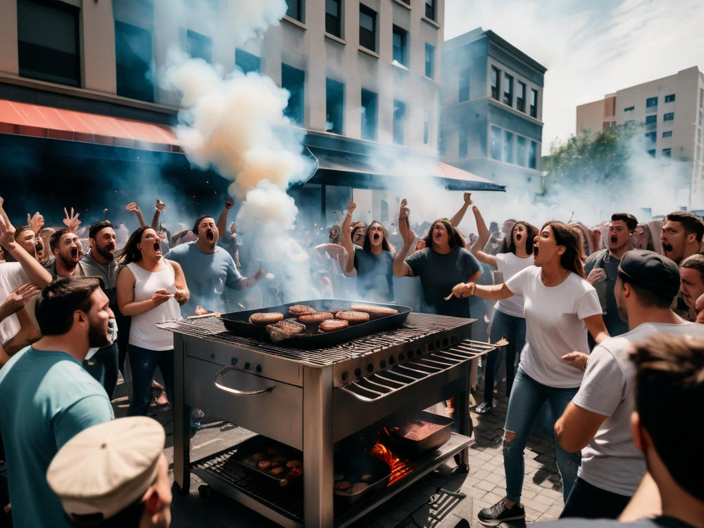 A chaotic scene with people gathered around a large grill, smoke rising, and a sense of both celebration and confusion