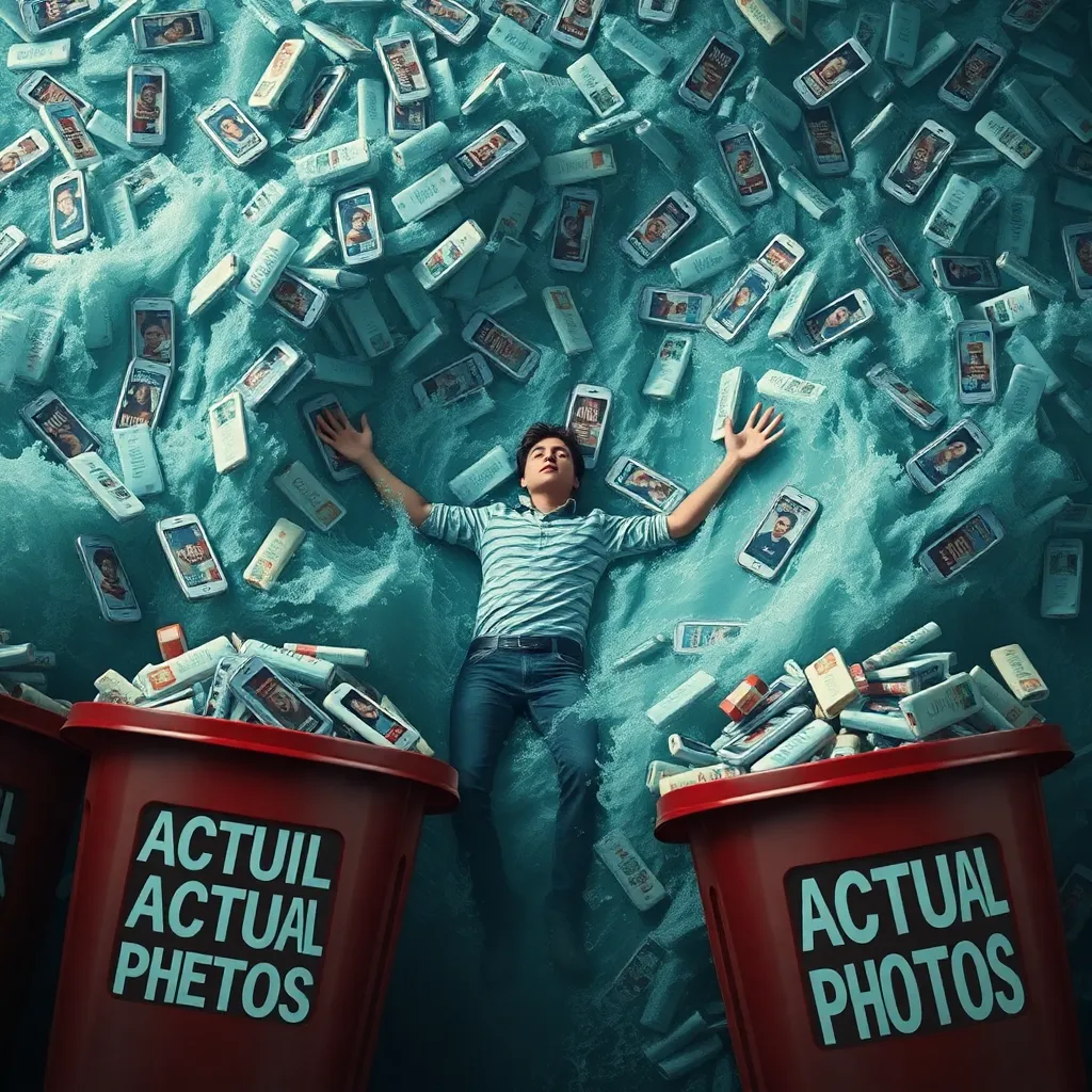 person drowning in a tidal wave of smartphone screenshots labeled 'MEME', surrounded by overflowing trash cans labeled 'ACTUAL PHOTOS', surreal digital art style