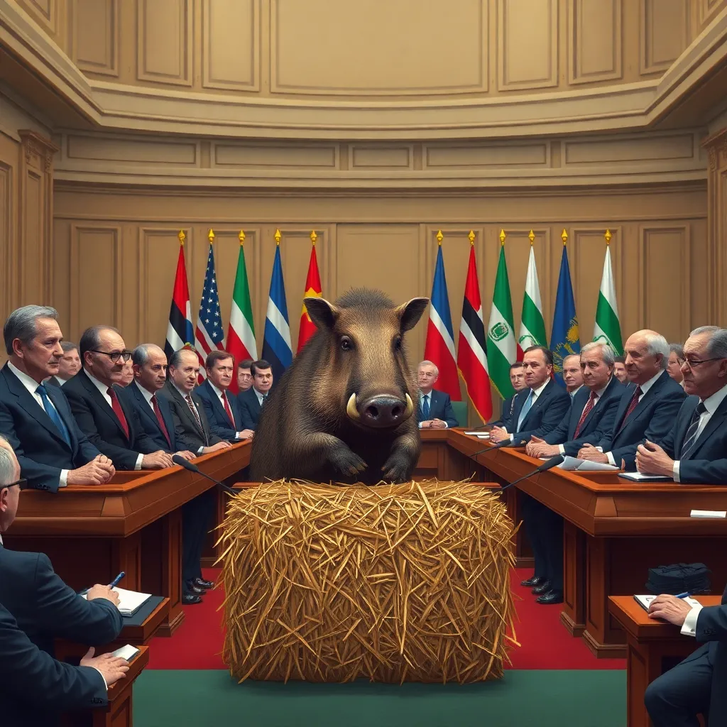 world leaders in a grand conference hall listening seriously to a kneeling warthog at a podium made of hay, diplomats taking notes, flags in the background, surreal political summit, realistic style with comic gravitas