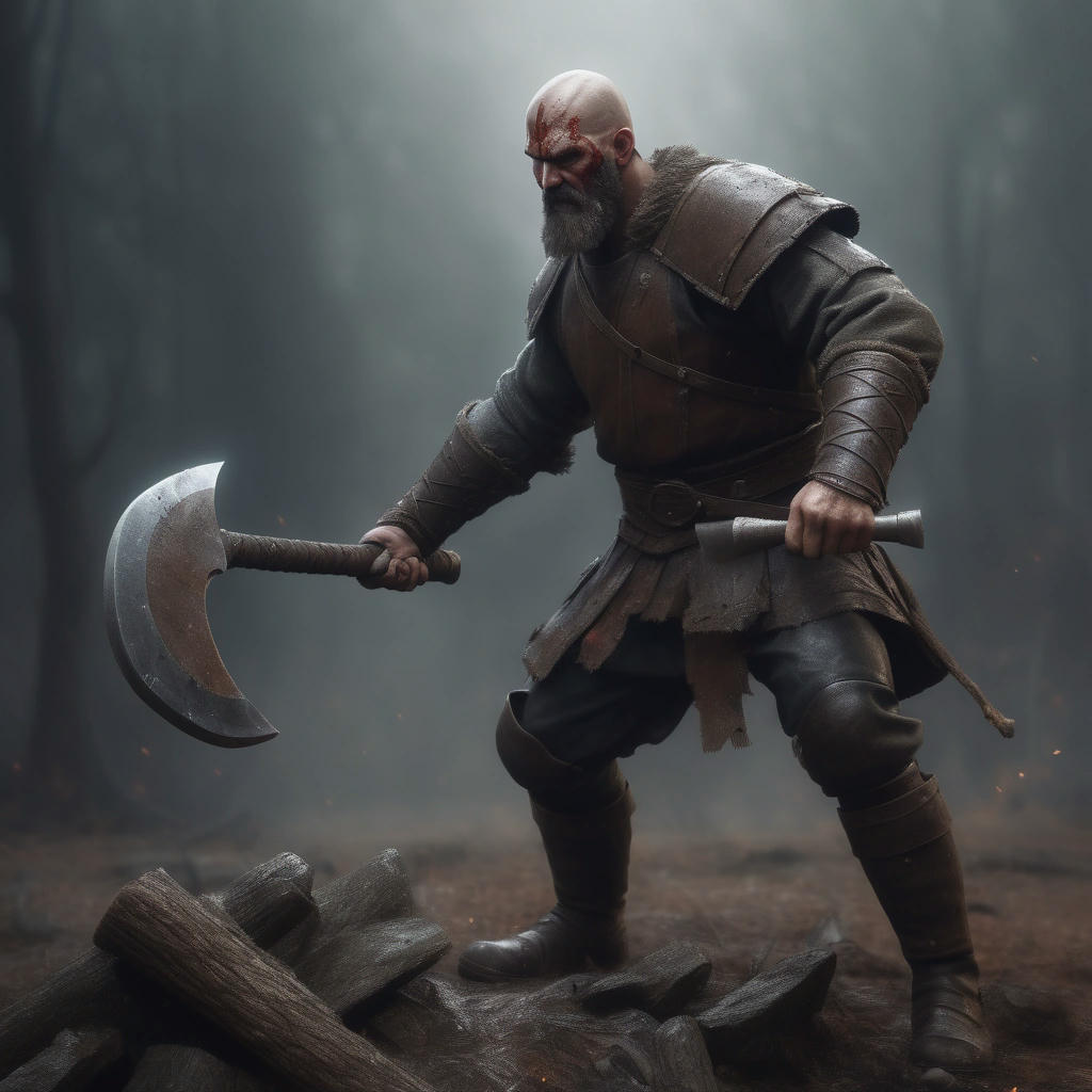 A figure wielding an axe, striking down an enemy, detailed, realistic, digital art