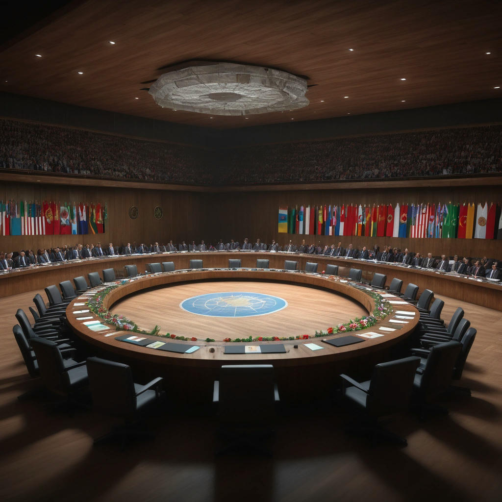 A dramatic depiction of the United Nations Security Council in session, with world leaders seated around a large wooden table, surrounded by flags and dignitaries, photorealistic, 8k, cinematic lighting, sharp focus, trending on artstation