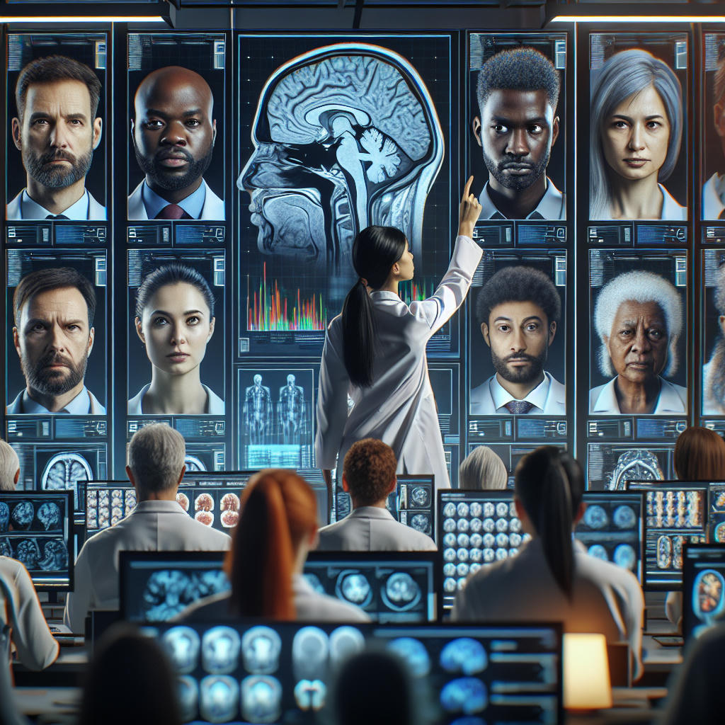 A team of scientists in a high-tech laboratory, analyzing data on large screens, with a focus on a central figure examining a brain scan, hyper-realistic, intricate details, dramatic lighting