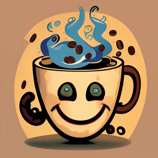 Cartoonish coffee cup overflowing with beans and steam