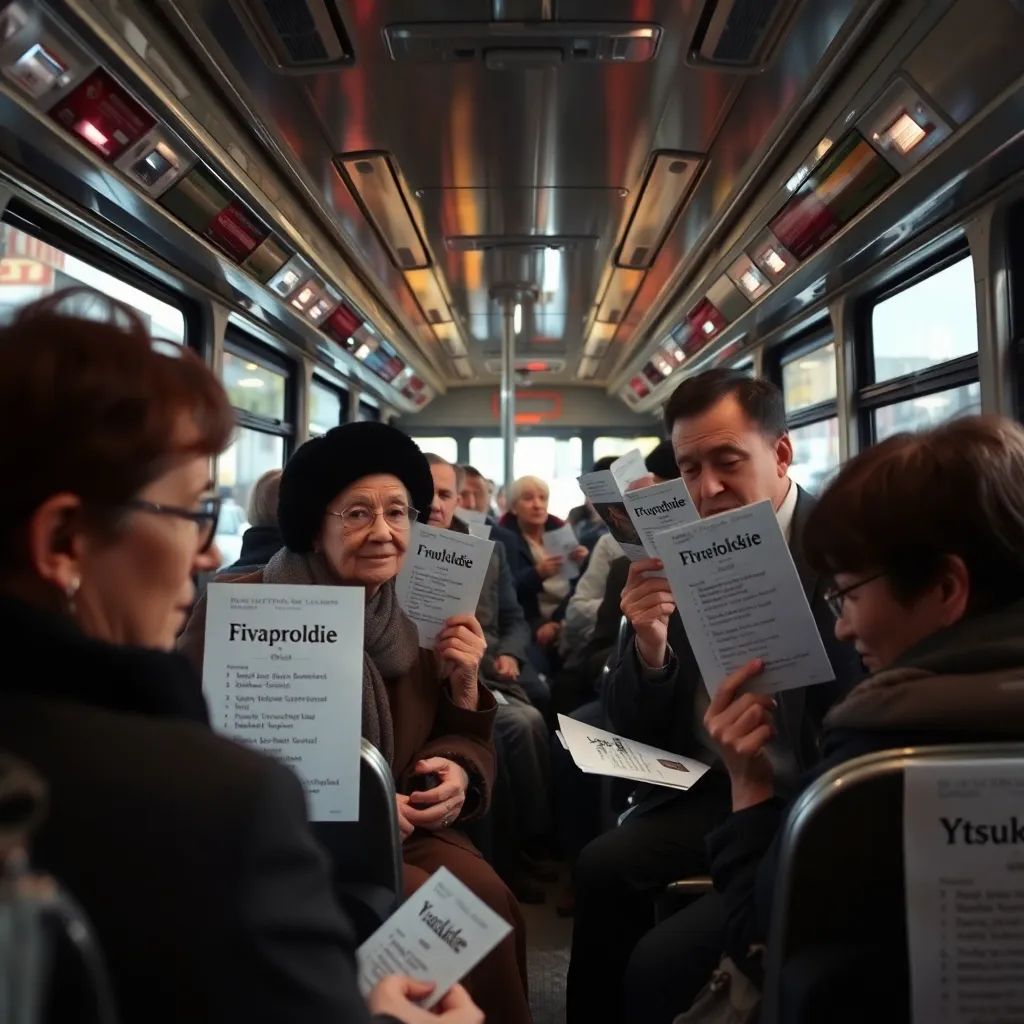 crowded city bus interior where passengers seriously practice pronouncing bizarre official alphabet names from pamphlets, one elderly woman confidently saying Fivaproldzhie, another passenger whispering Ytsuken, dramatic everyday realism with surreal undertone