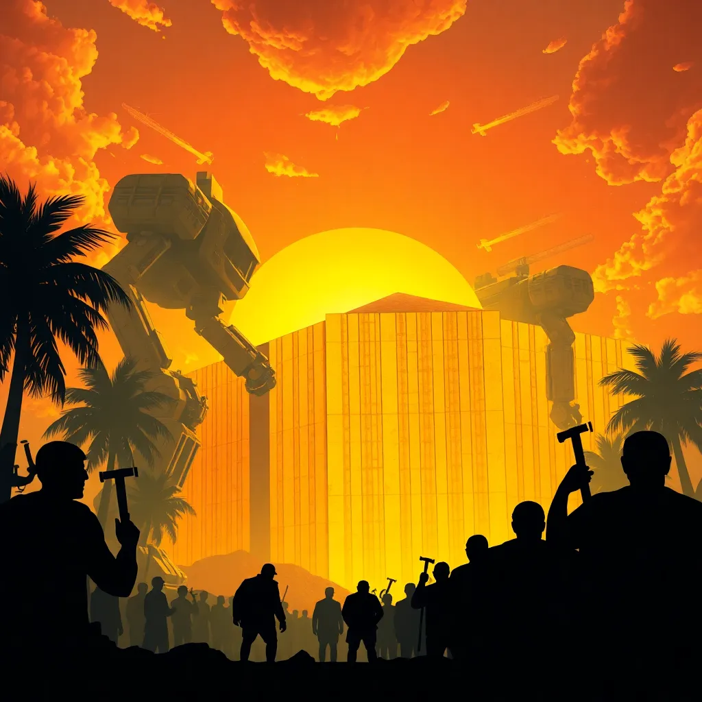 A massive, golden wall being built by giant construction robots across a tropical border, while shadowy figures with hammers look on from the other side, epic scale, sunset background, futuristic propaganda poster style