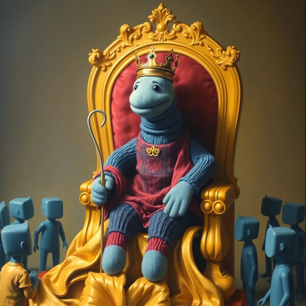 An oil painting in the style of the Old Masters depicting a sock puppet wearing a tiny crown, sitting on a golden throne, holding a scepter made of a bent coat hanger, surrounded by kneeling digital avatars.