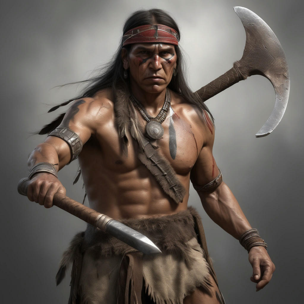 A Native American warrior holding a tomahawk, ready to throw, detailed, realistic, digital art