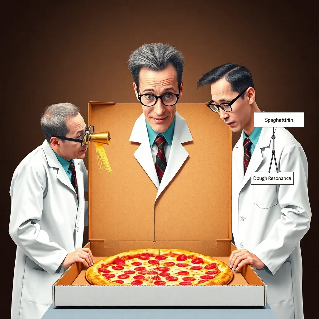 three scientists in lab coats examining a pizza box hole with absurd tools: a brass monocle, a spaghetti strand microscope, and a tiny tuning fork labeled 'Dough Resonance'