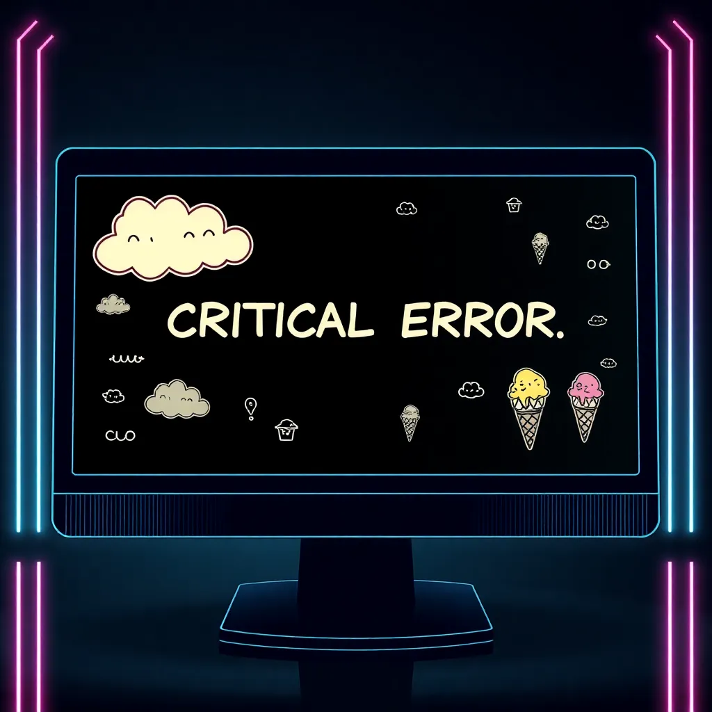 A futuristic computer screen displaying a 'Critical Error' message that consists entirely of hand-drawn doodles of sad clouds and melting ice cream cones instead of error codes, glitch art style