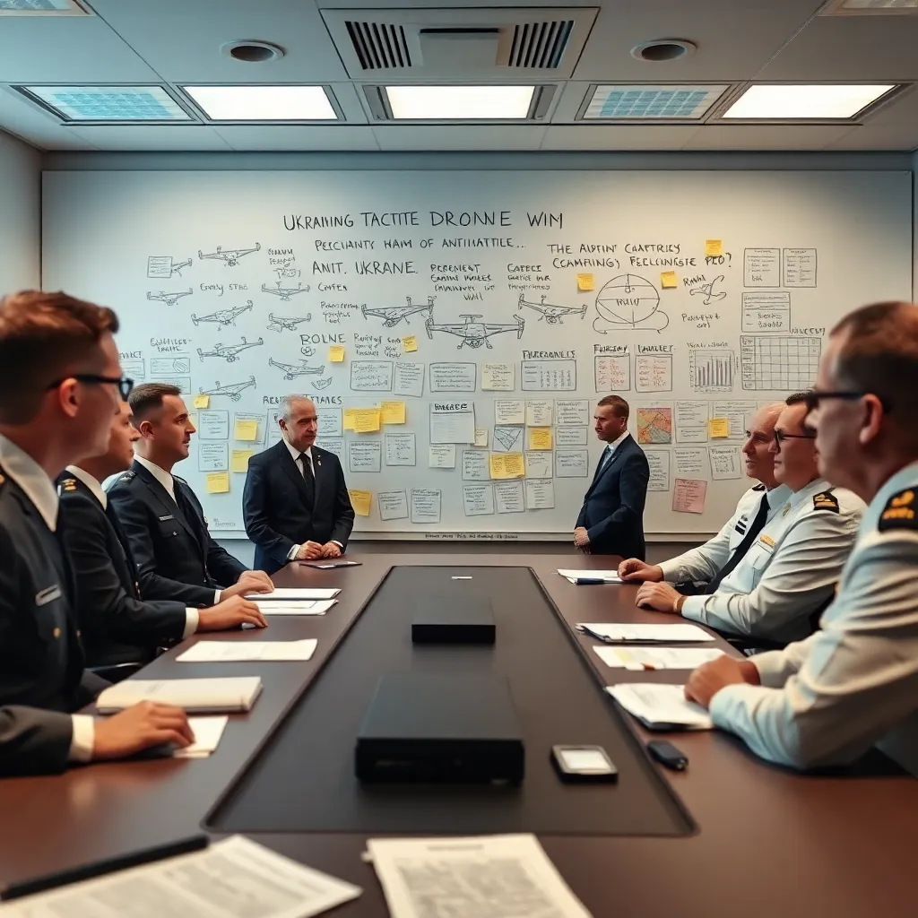 inside a high-tech Pentagon briefing room, senior military officials in immaculate uniforms studying a chaotic but brilliant wall of hand-drawn anti-drone tactics from Ukraine, sticky notes, drone silhouettes, budget charts exploding in red, expressions of stunned respect, cinematic realism
