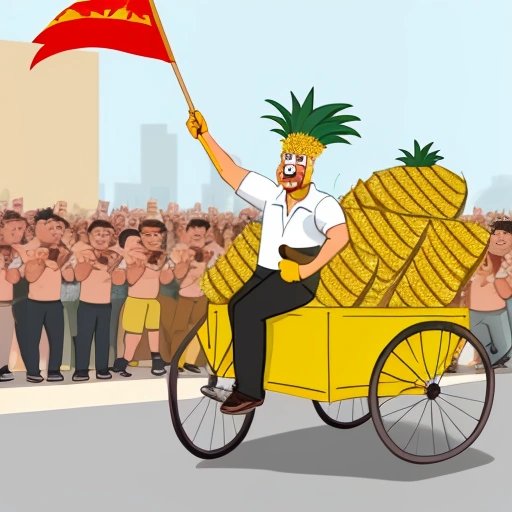 Pizza delivery man with cart loaded with pineapple pizzas, surrounded by crowds