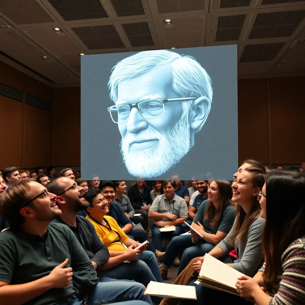audience of programmers and students at MIT, laughing and taking notes, holographic projection of Dijkstra
