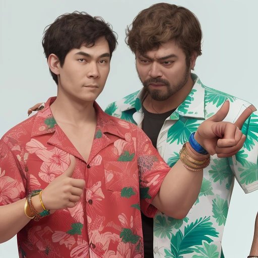 Person pointing disapprovingly at someone wearing Hawaiian shirt and cool bracelet