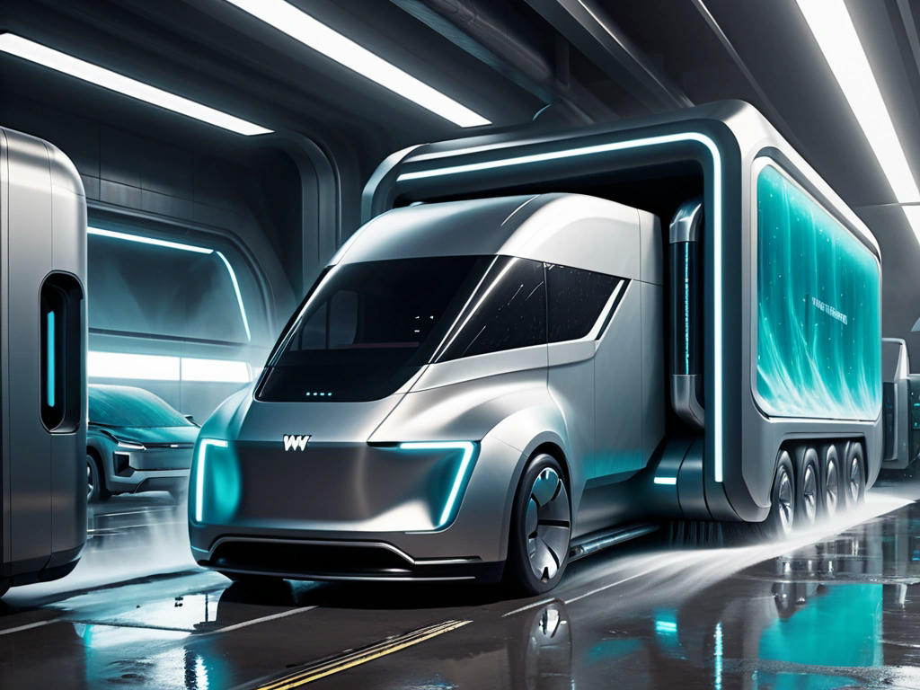 A futuristic truck designed by Elon Musk, going through a car wash without any issues