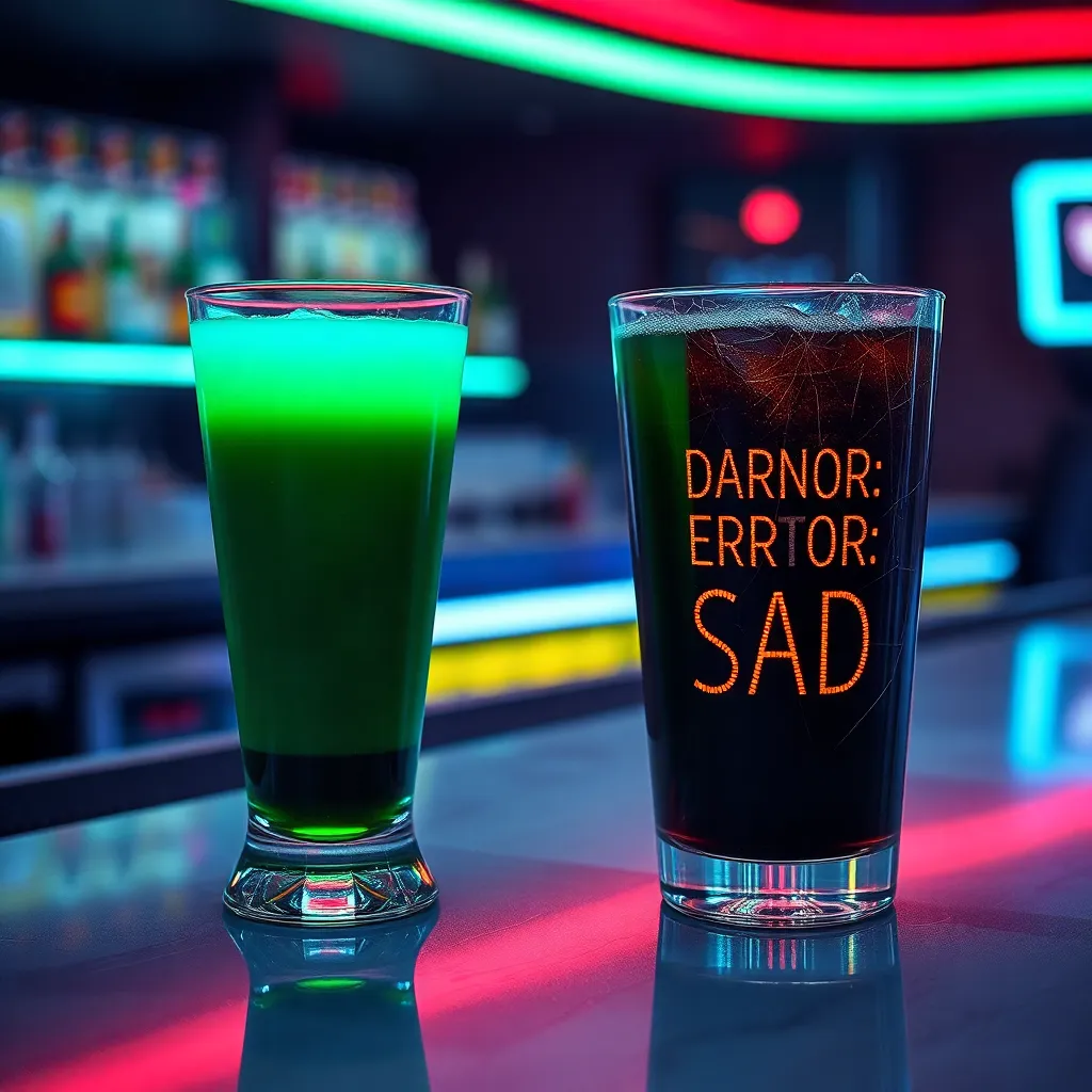 a glowing green OLED drink in a glass slowly fading to black, next to a cracked LCD drink displaying 'ERROR: SAD' on its surface, both on a futuristic bar counter