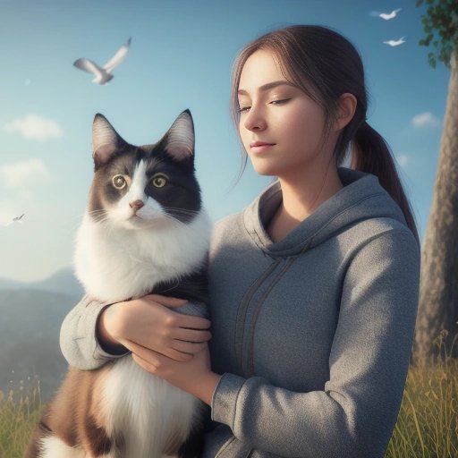 Person cuddling with dog and cat while a bird flies in the background