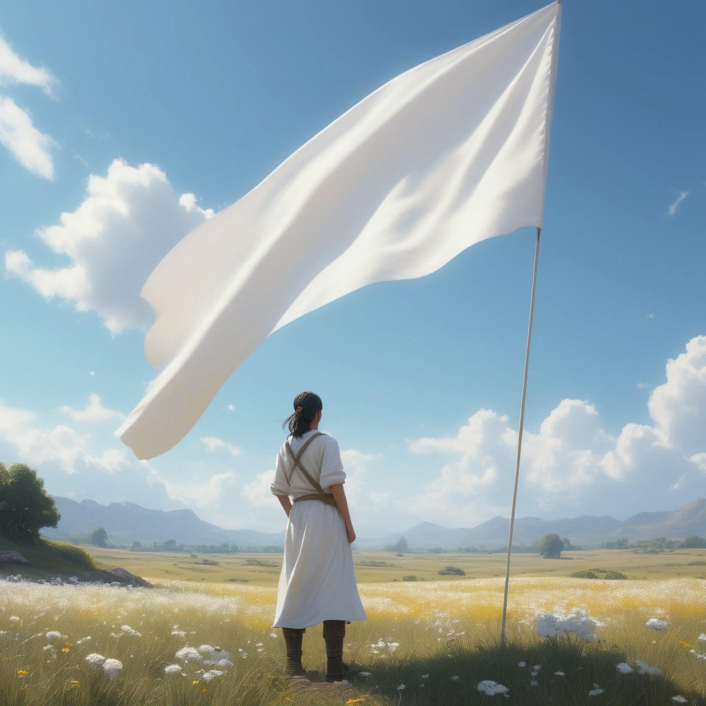 a person holding a white flag, standing in a peaceful landscape, with a sunny sky and fluffy clouds, serene and calming atmosphere, detailed, photorealistic, concept art by Marta Nael and Ian McQue