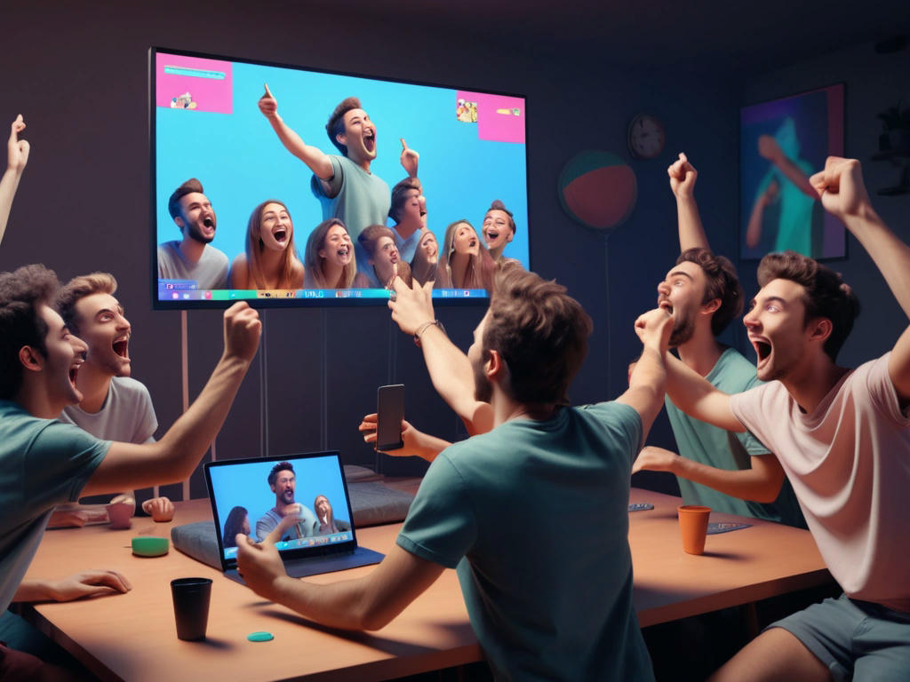 group of friends playing Mac-Pan together on a large screen, cheering and strategizing