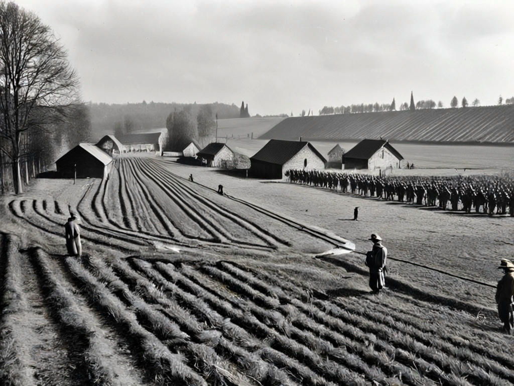 imagem histórica de um campo de concentração nazista, com prisioneiros e guardas