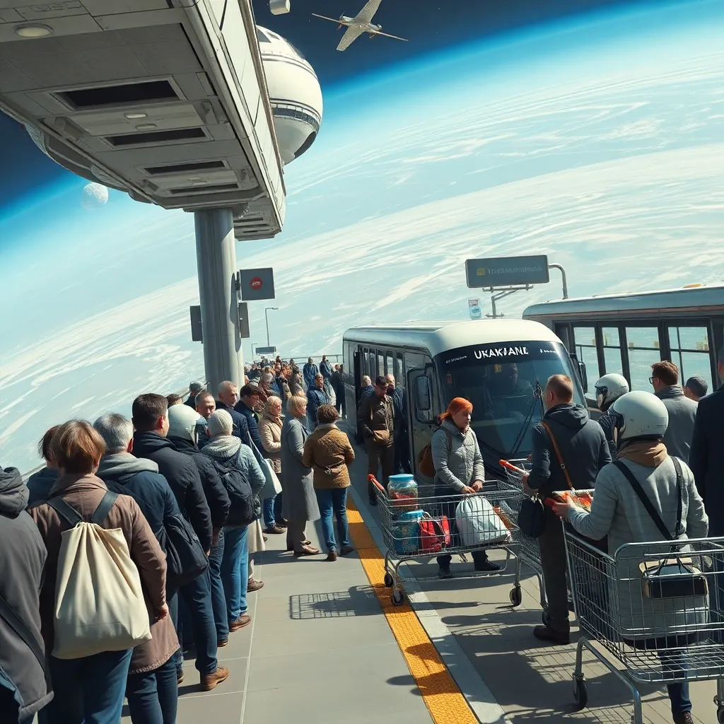 busy futuristic Ukrainian interplanetary bus stop on orbital platform above Earth, long patient queue of civilians with bags, jars of food, helmets and shopping carts waiting for a small worn private shuttle marked to Mars, absurd bureaucratic atmosphere, highly detailed sci-fi realism