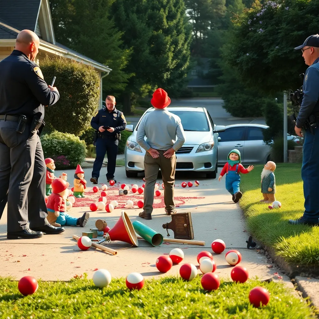 A chaotic suburban arrest scene, a man in a red hat being handcuffed by police officers, shattered garden gnomes on the driveway, red and white billiard balls scattered on the grass, dramatic morning sunlight