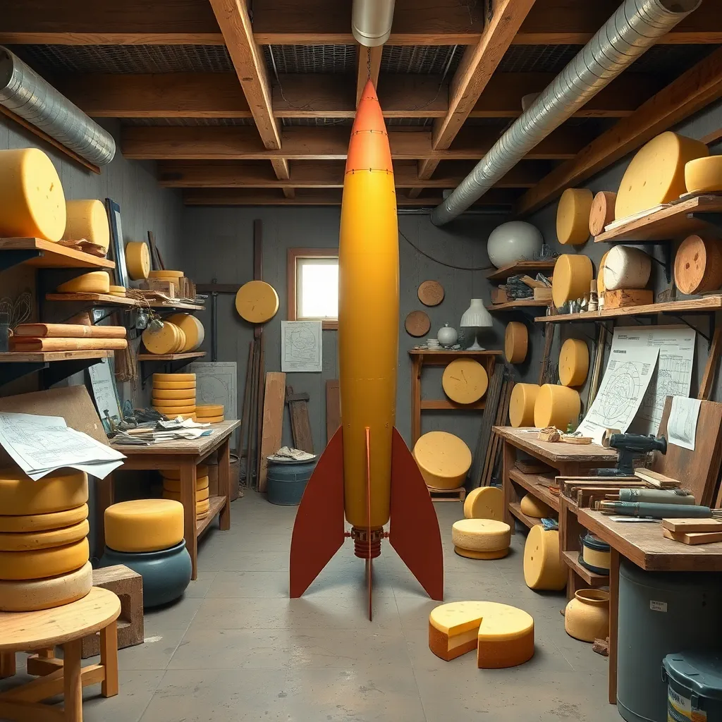 a whimsical basement workshop filled with cheese wheels, rocket parts, and blueprints, with a half-finished rocket in the center