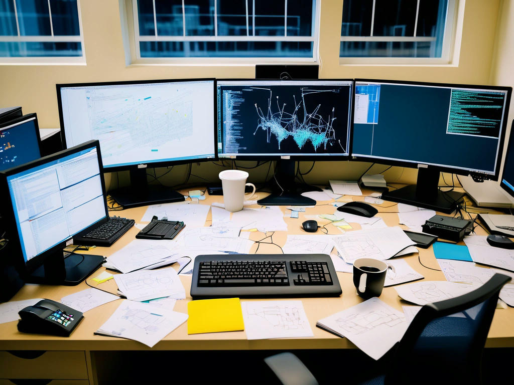 chaotic desk with multiple monitors showing network diagrams and terminal windows, scattered post-it notes with IP addresses, a cold cup of coffee, and a cat sleeping on a router