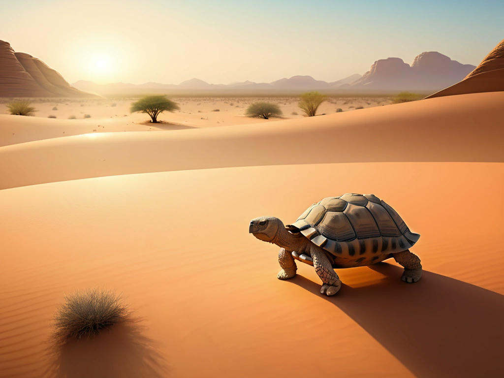 a serene desert landscape with a tortoise walking away, sun setting, sense of hope and tranquility