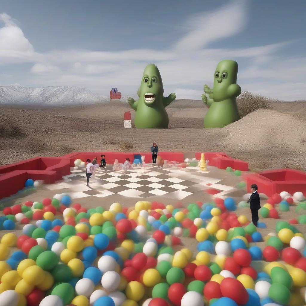 A surreal landscape where the U.S.-Mexico border wall transforms into a children's ball pit at the Canadian border, with smiling diplomats playing chess using giant chess pieces shaped like avocados and hockey pucks