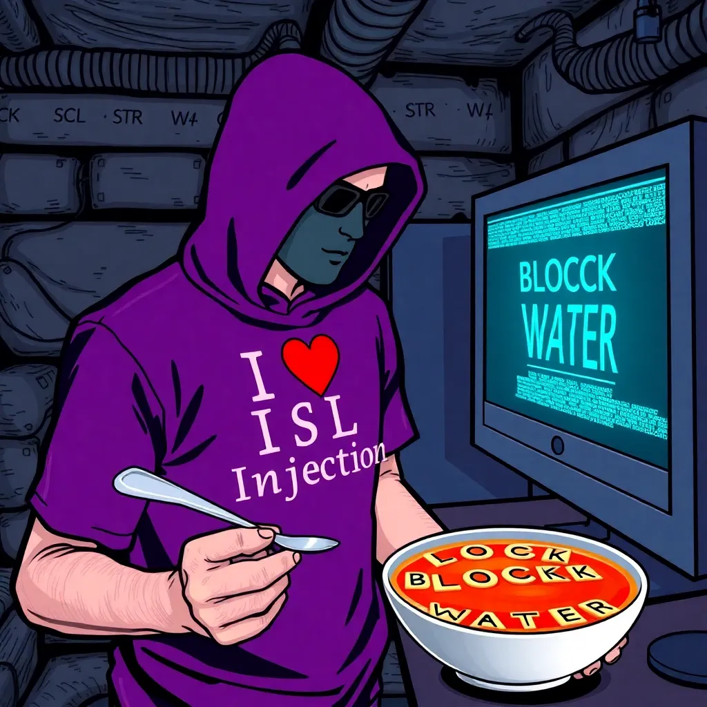 A government hacker in a basement wearing a 'I ❤️ SQL Injection' t-shirt, staring at a monitor displaying 'ACCESS GRANTED' while holding a spoon and a bowl of alphabet soup spelling 'BLOCK WATER'