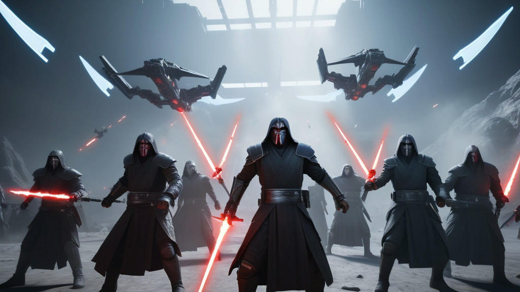 a fierce battle scene with Jedi and Sith warriors, lightshurikens flying through the air, futuristic battlefield, high-tech, sci-fi, detailed, photorealistic, cinematic lighting