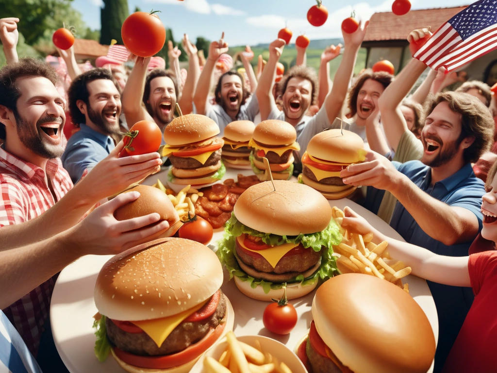 a joyful celebration in a land of hamburgers, with burgers of all kinds cheering and celebrating, rare ingredients like golden onions and sparkling tomatoes being shared