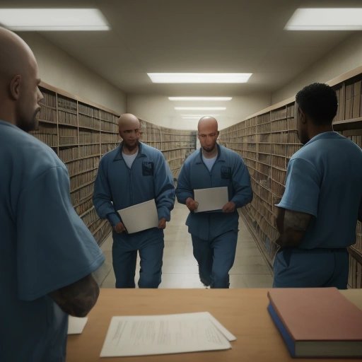 Inmates passing secret blueprints in the library