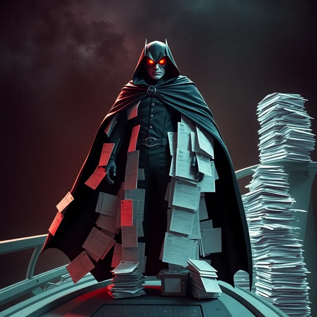 an ominous space villain in a sweeping black cape made of paperwork and receipts, standing on the bridge of a ridiculous star cruiser, glowing red visor, towering piles of files, dramatic shadows, cinematic science fiction parody atmosphere