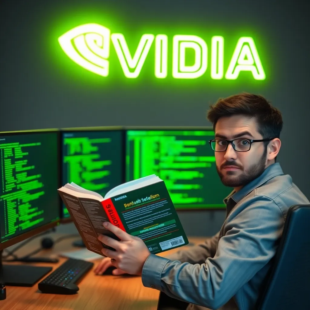 A confused software engineer sitting at a desk with five monitors, the screens are filled with green code, he is holding a Portuguese-English dictionary and looking at the camera with a bewildered expression, a neon NVIDIA logo glows in the background.