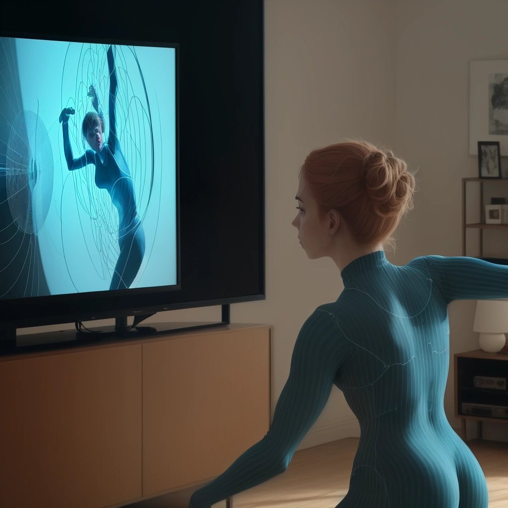 Person wearing Hoop suit freely moving and interacting with TV show