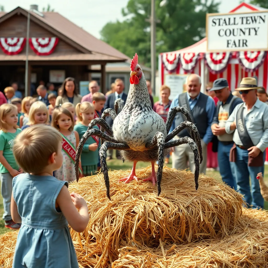 small town county fair with a special display for an eight-legged chicken newly recognized as an arachnid, families staring in amazement, ribbons, informational signs, officials in sashes, the creature perched majestically on hay with eight legs visible, whimsical yet realistic scene