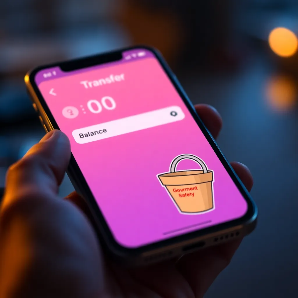 A digital bank transfer screen on a smartphone showing a balance of zero, with a cartoonish 'Government Safety Bucket' icon receiving the funds, cinematic lighting
